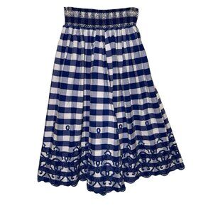 ZARA Skirt SM Peasant Blue White Gingham Embroidered Smocked Romantic Cottage